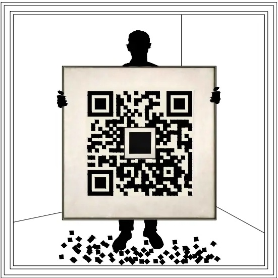 Чёрный квадрат превращается в QR-код, под картиной рассыпаются квадратные модули
